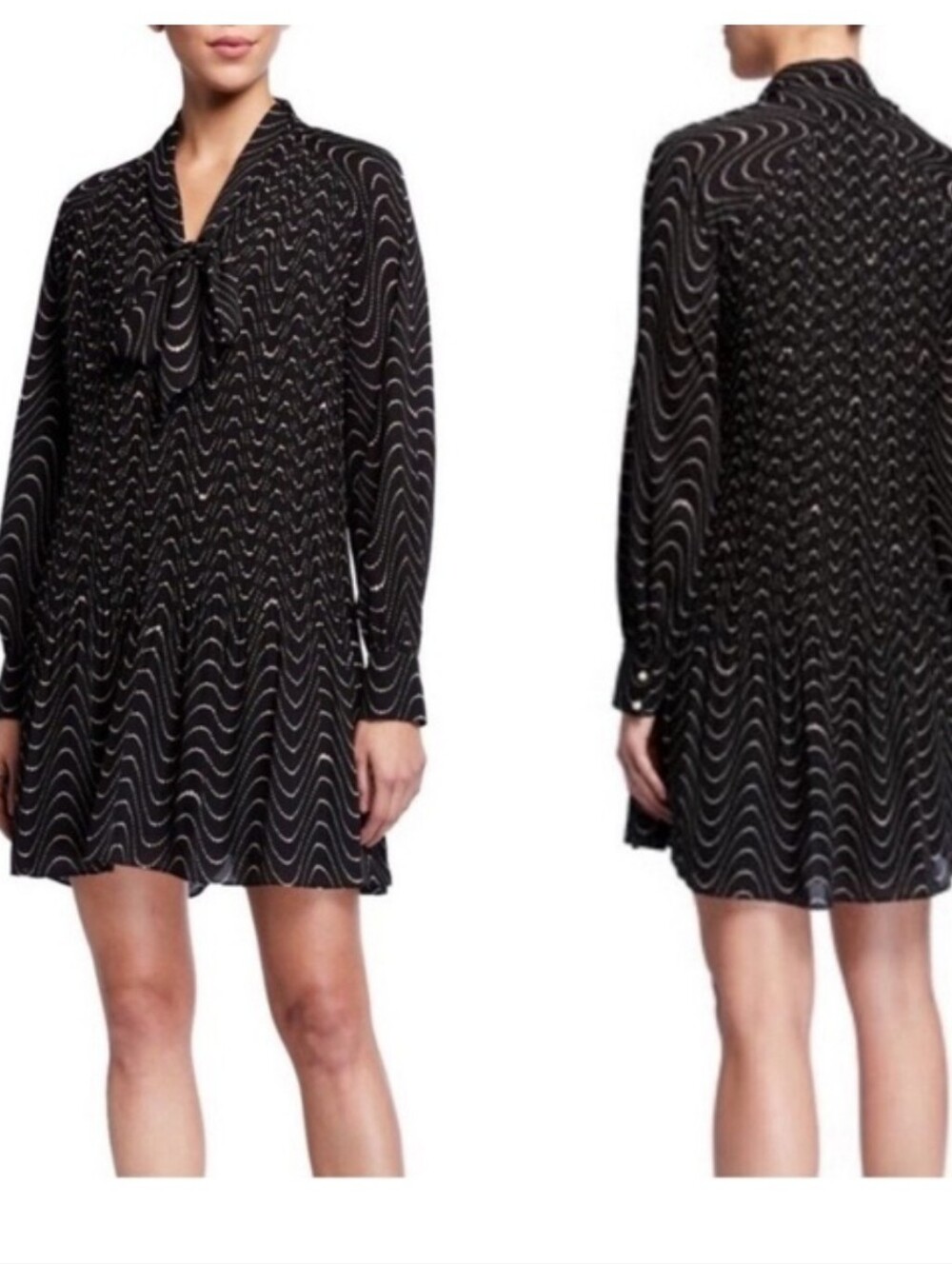 Kate Spade Wavy Dot Ponte Dress Black Pale Pink Bishop Sleeve Mini Size XXS